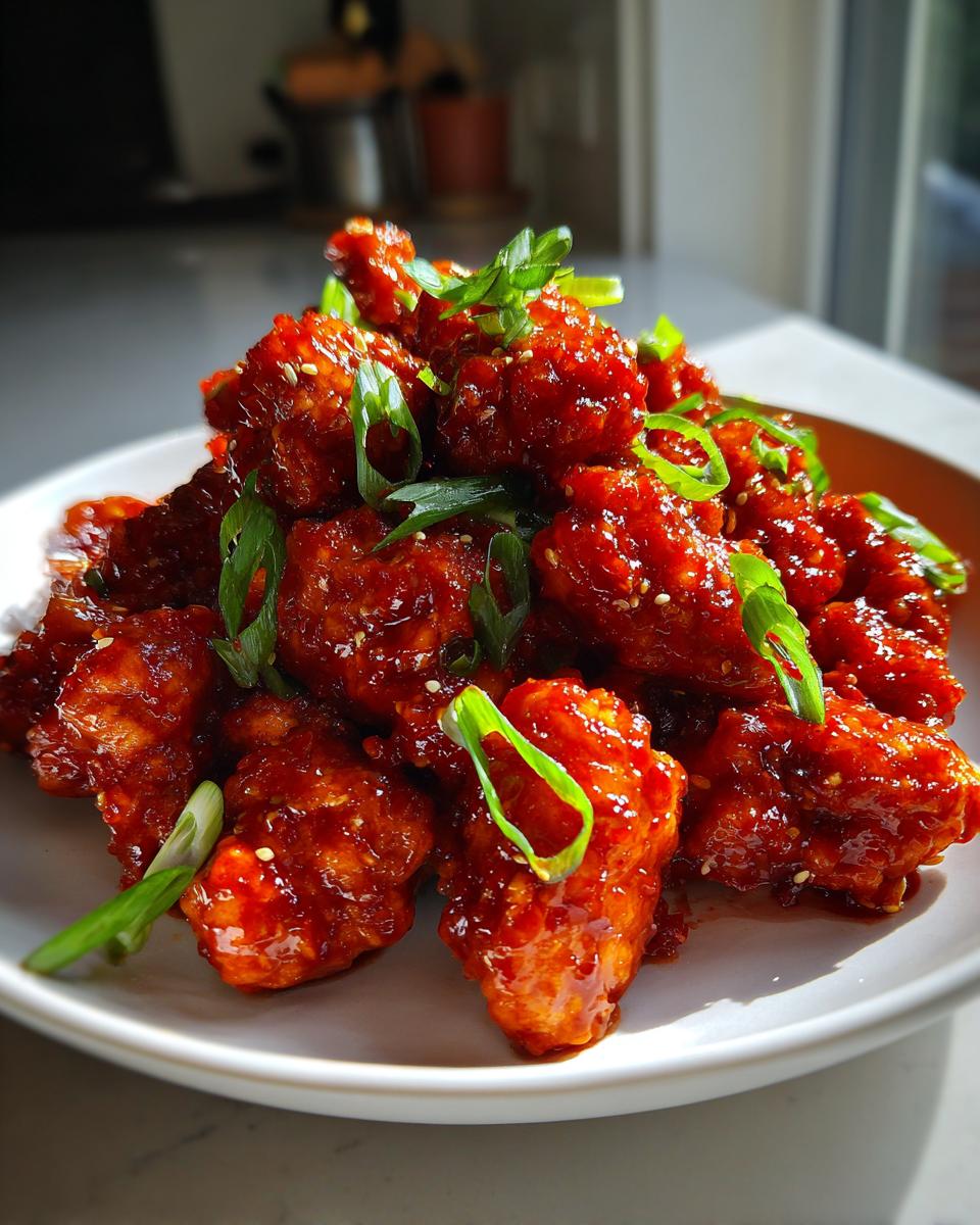 Close-up of crispy, glazed gochujang chicken pieces piled on a white plate and garnished with fresh green scallions.
