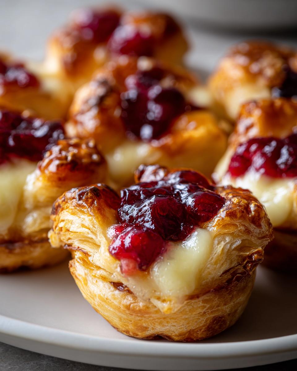 Close-up of flaky pastry brie bites topped with melted brie cheese and a dollop of dark red cranberry sauce.
