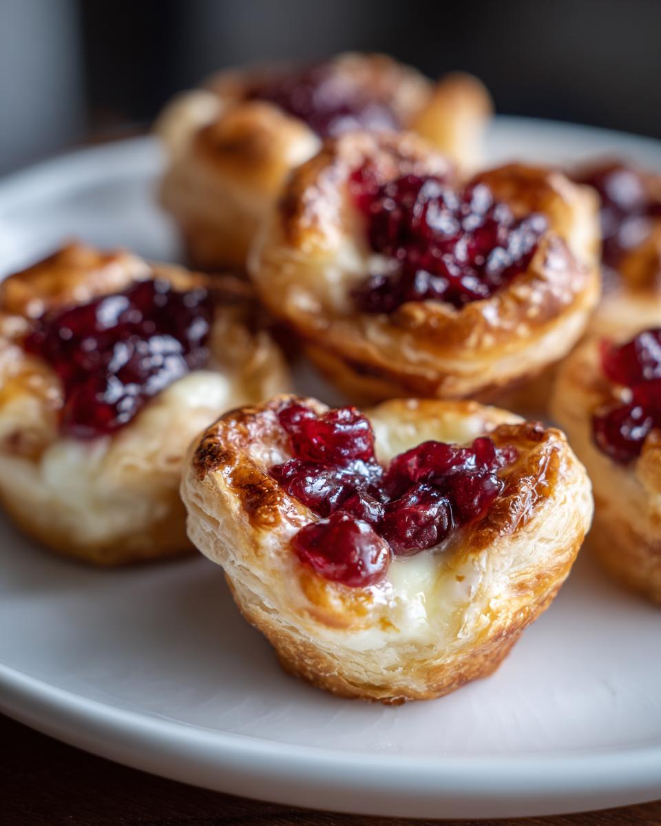 Close-up of golden baked brie bites topped with glistening cranberry sauce on a white plate.