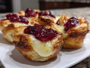 Close-up of several golden-brown baked brie bites made with flaky pastry, melted brie cheese, and topped with dark red jam or preserves.