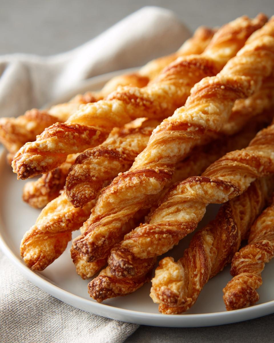 A close-up of several golden brown, flaky, twisted cheese straws recipe piled on a white plate.