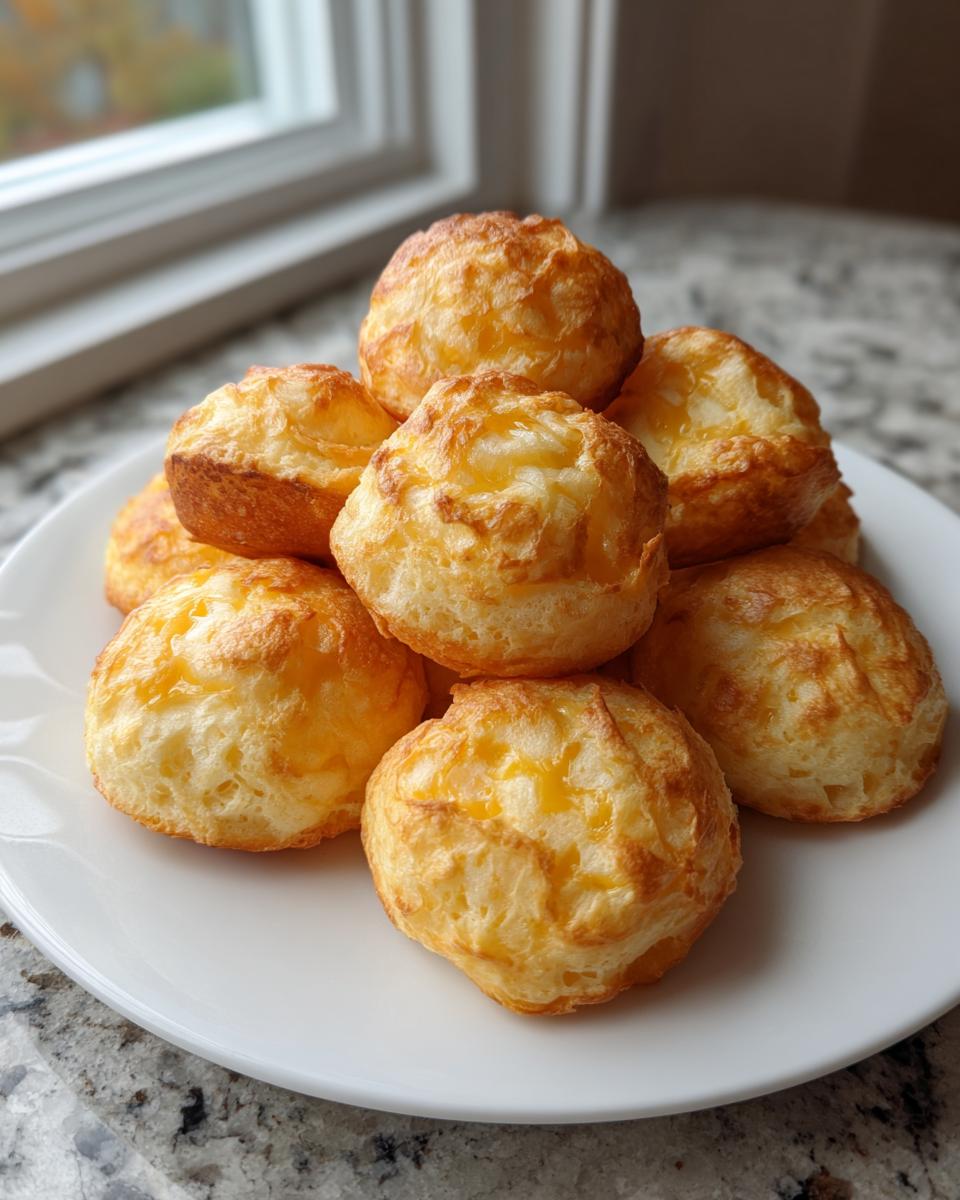 A stack of freshly baked, golden Brazilian cheese bread puffs piled high on a white plate.