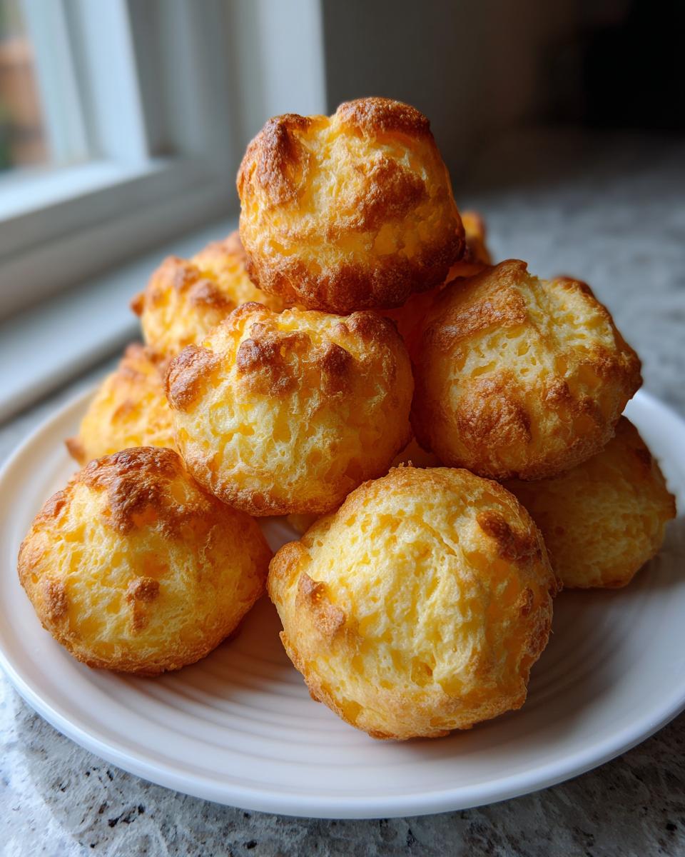 A stack of freshly baked, golden brown brazilian cheese bread puffs piled high on a white plate.