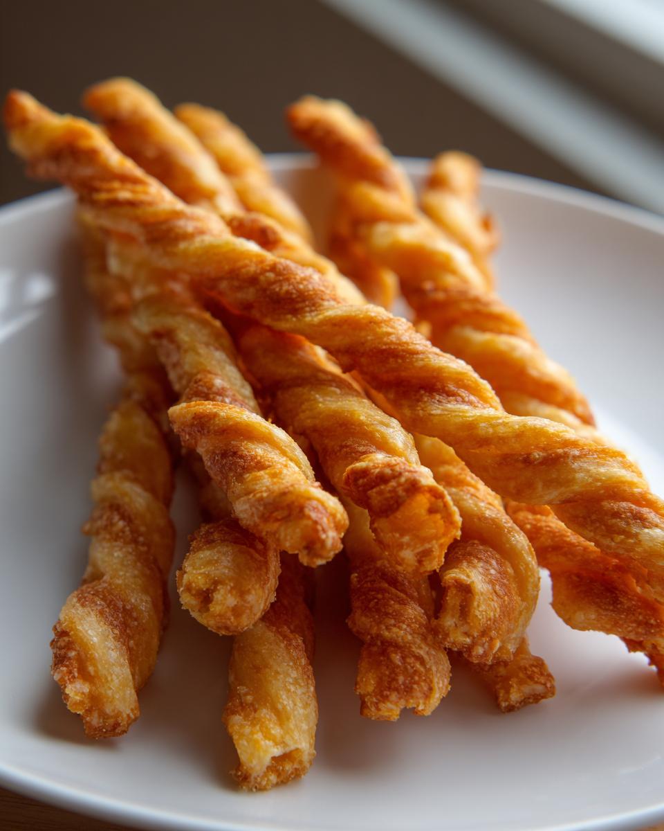 A close-up of several golden brown, flaky, twisted cheese straws piled on a white plate.