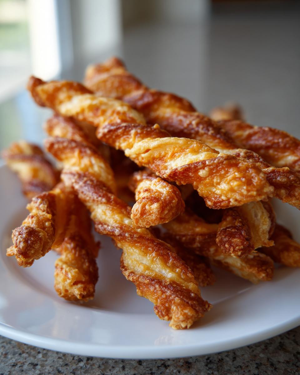 A pile of freshly baked, golden brown, twisted cheese straws recipe on a white plate.