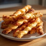 A pile of golden brown, flaky, twisted cheese straws recipe resting on a light-colored plate.