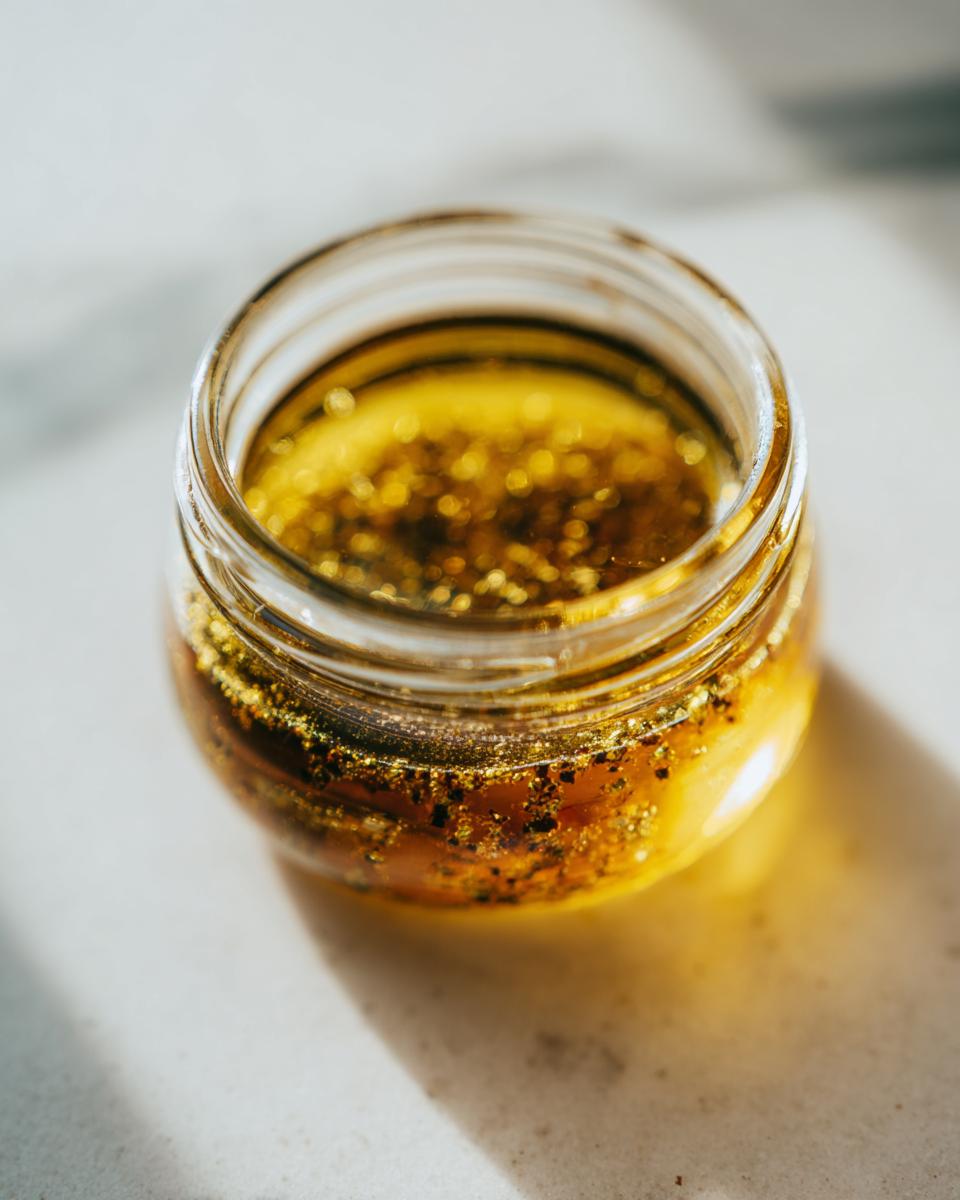 Close-up of a small glass jar containing a shimmering, golden homemade salad dressing with visible specks of seasoning.