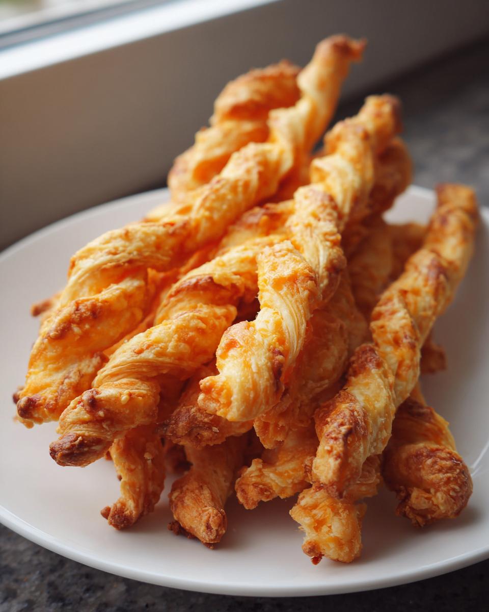 A pile of freshly baked, golden, twisted cheese straws recipe served on a white plate.