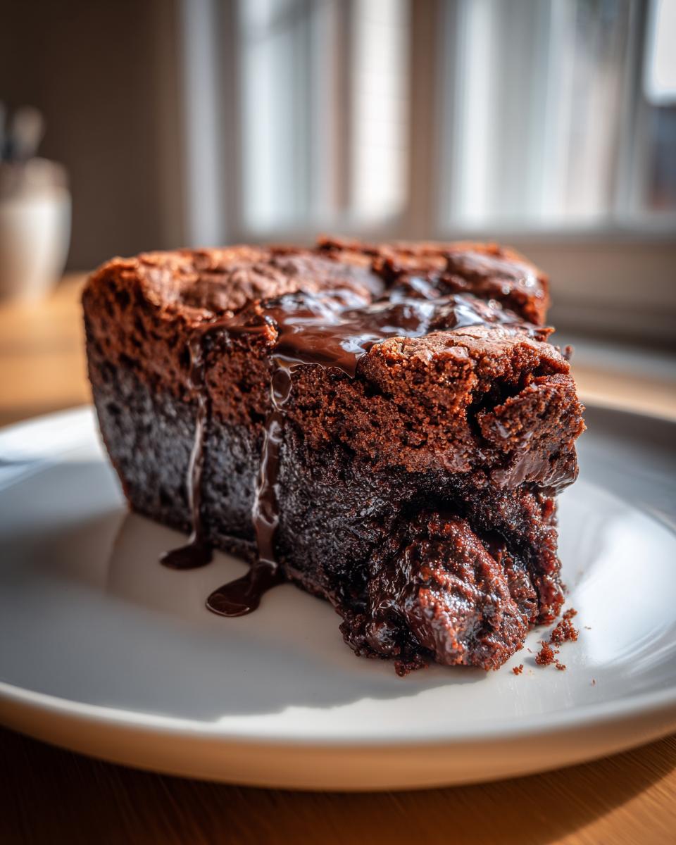 A close-up of a rich, dark chocolate fudge pie slice with molten filling oozing onto a white plate.