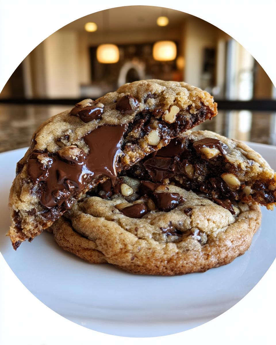 A levain bakery chocolate chip cookie broken in half showing a gooey, melted chocolate center and walnuts.