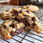 A vegan chocolate chip cookie broken in half showing a gooey, melted chocolate center on a cooling rack.