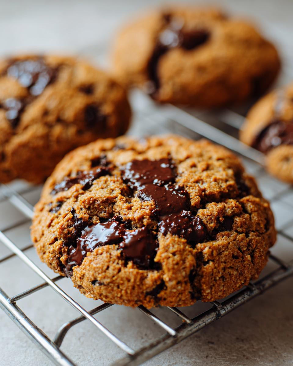 A close-up of a freshly baked vegan chocolate chip cookie cooling on a wire rack with melted chocolate pools.