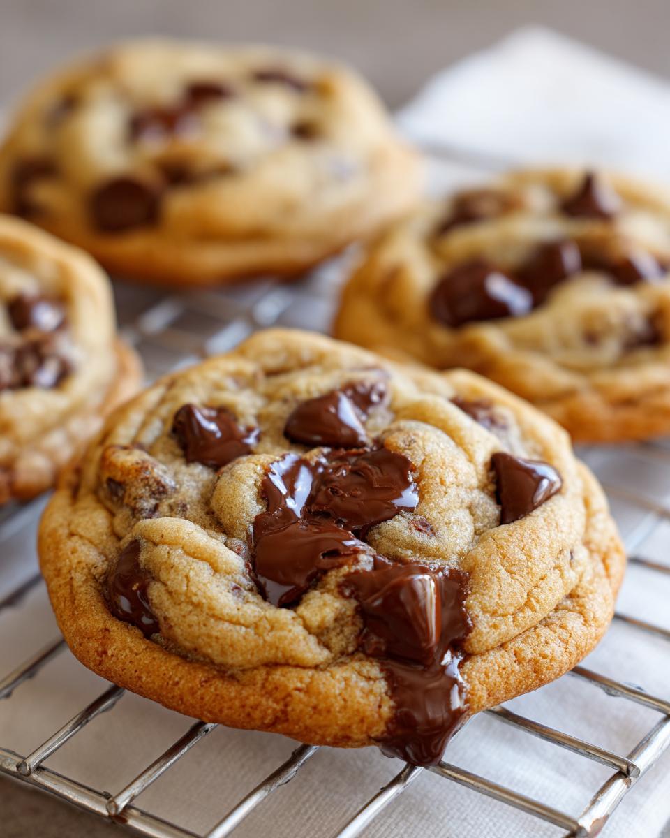 Close-up of a freshly baked vegan chocolate chip cookie with melted chocolate chips cooling on a wire rack.