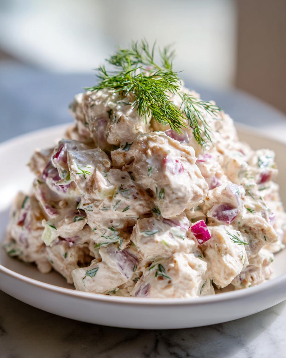 Close-up of a mound of creamy greek yogurt chicken salad mixed with red onion and topped with fresh dill.