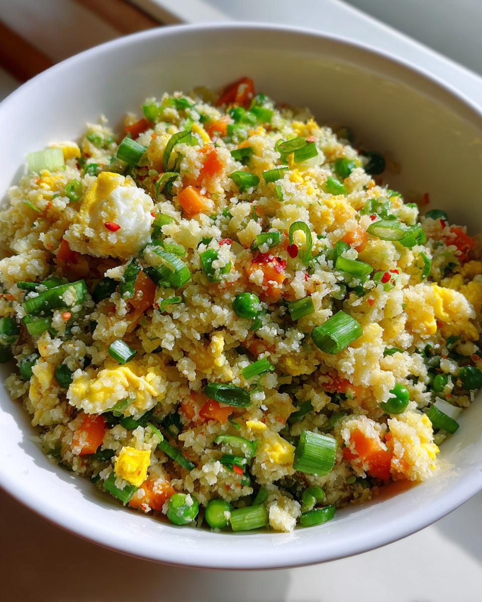 Close-up of a white bowl filled with vibrant cauliflower fried rice, featuring scrambled egg, peas, carrots, and green onions.