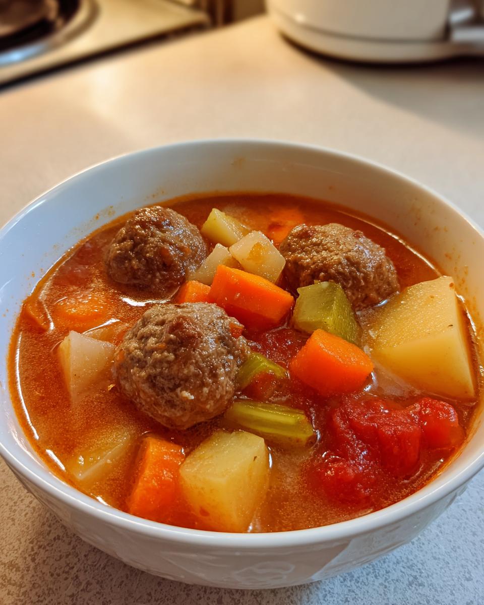 Close-up of a white bowl filled with rich, tomato-based albondigas soup featuring meatballs, potatoes, carrots, and celery.
