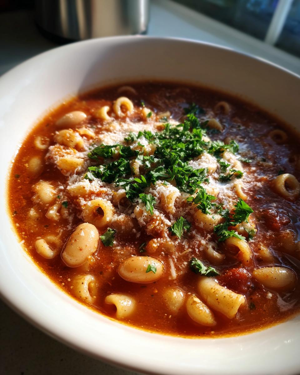 Close-up of a steaming bowl of rich, tomato-based pasta fagioli, topped with grated Parmesan cheese and fresh parsley.