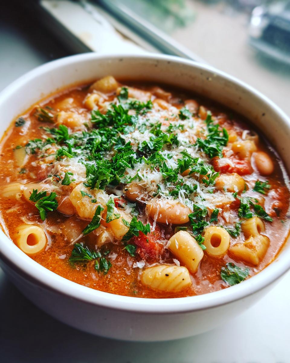 Close-up of a white bowl filled with rich, tomato-based pasta fagioli, topped generously with fresh parsley and grated Parmesan cheese.