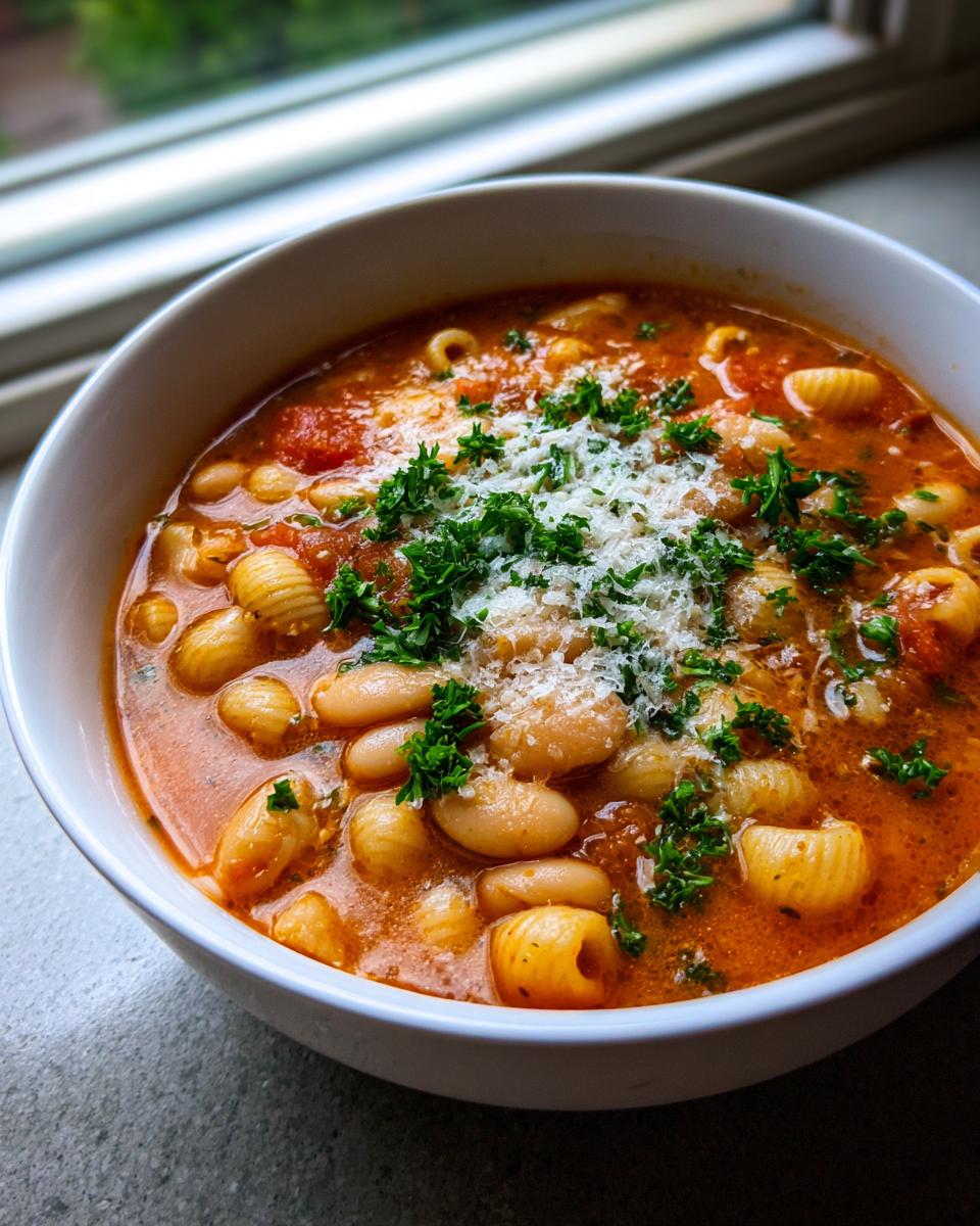 Close-up of a steaming bowl of pasta fagioli, featuring cannellini beans, small pasta, and a rich tomato broth, topped with grated cheese and parsley.