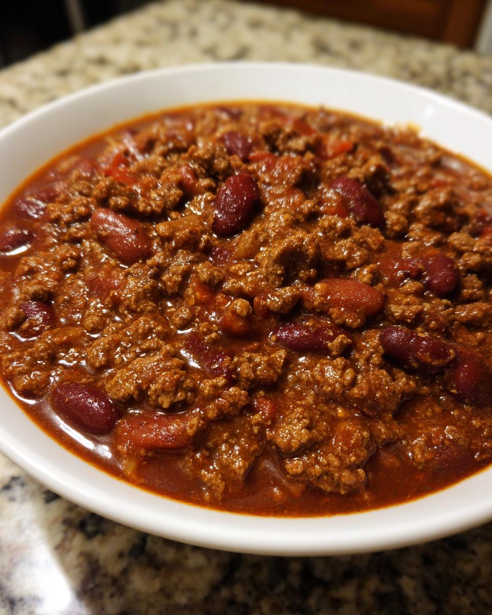 Close-up of a rich, savory bowl of high protein chili loaded with ground meat and kidney beans.