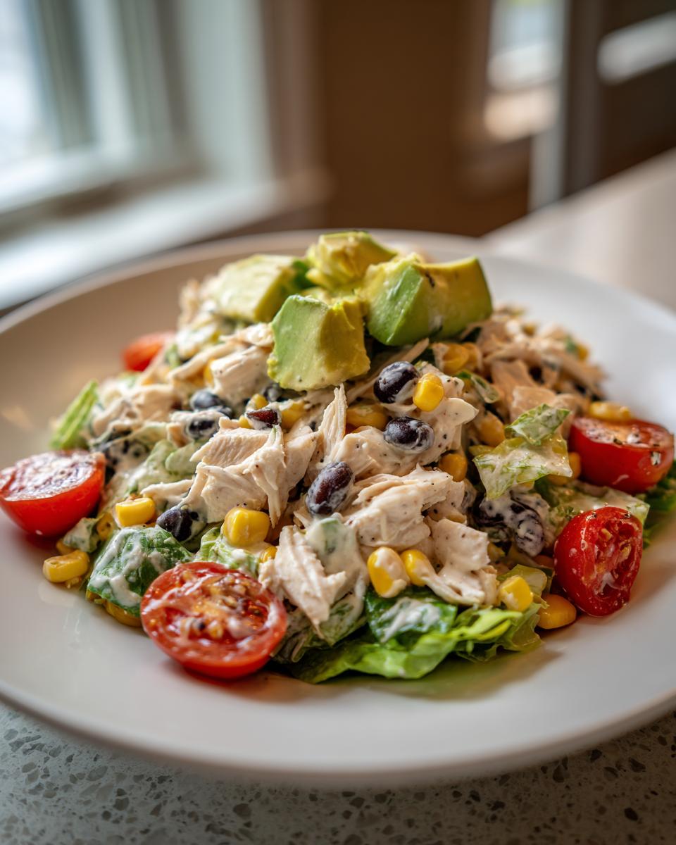 A vibrant bowl of southwest chicken salad mixed with black beans, corn, and topped with fresh avocado chunks.