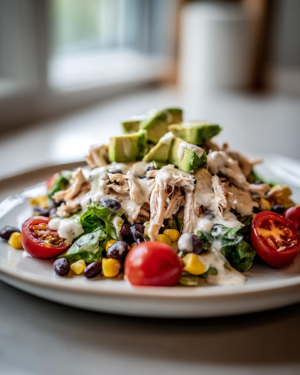 Close-up of a vibrant southwest chicken salad featuring shredded chicken, black beans, corn, tomatoes, and avocado slices drizzled with dressing.
