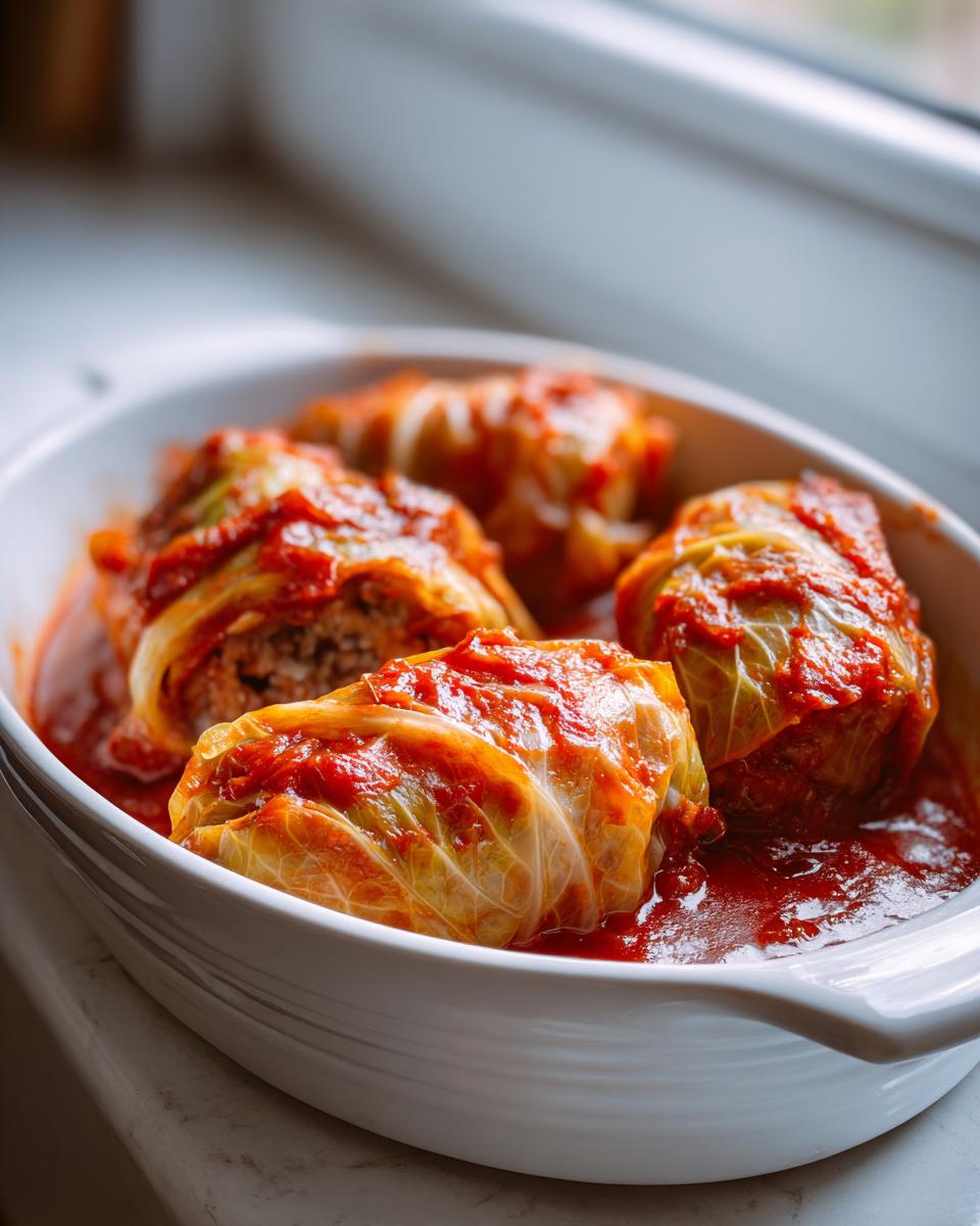 Four savory cabbage rolls smothered in rich tomato sauce served in a white oval baking dish.