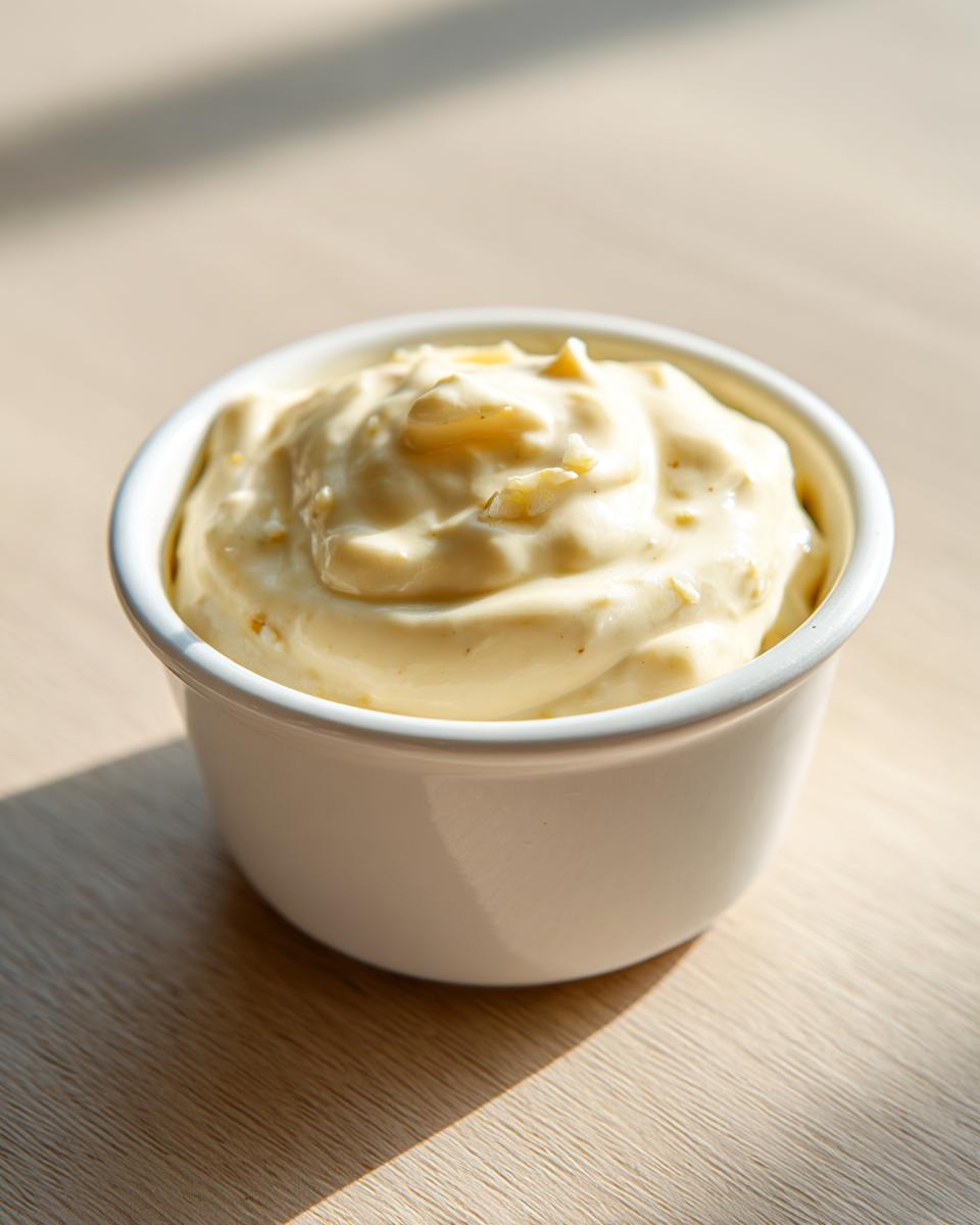 A close-up of thick, creamy homemade garlic aioli swirled in a small white bowl.