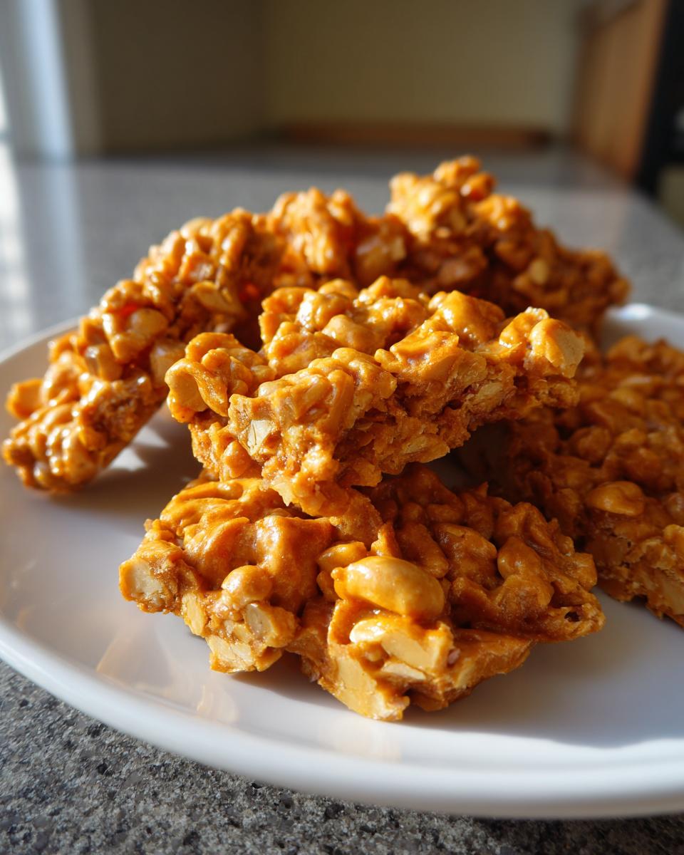 Close-up of golden brown, crunchy pieces of homemade peanut brittle recipe stacked on a white plate.
