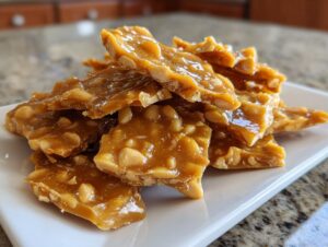Close-up of broken, glossy pieces of homemade peanut brittle recipe stacked on a white plate.
