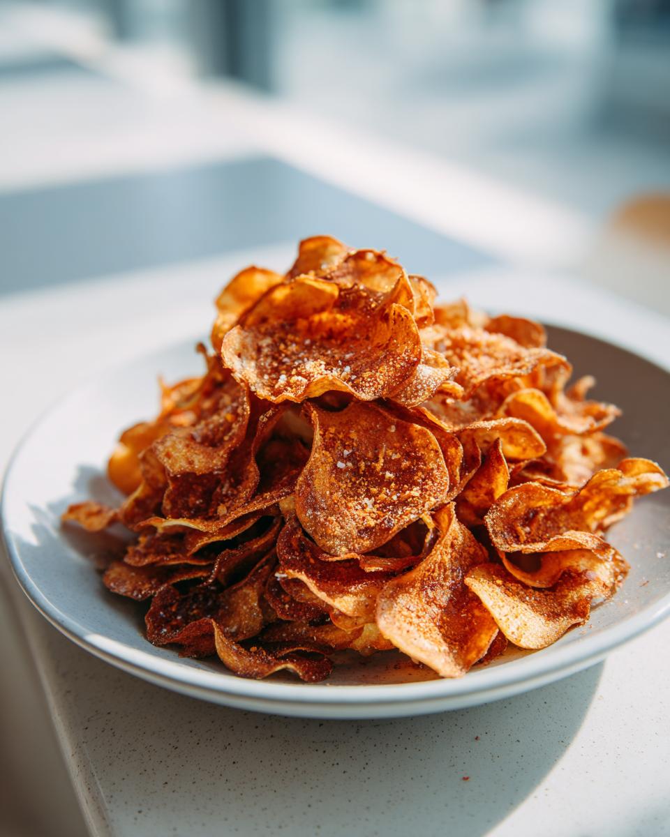 A close-up of a tall pile of golden brown, seasoned potato chips sprinkled with salt on a light plate.