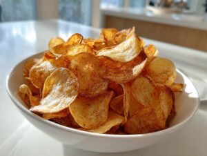 A white bowl filled with golden, seasoned homemade potato chips, promising amazing crunch.