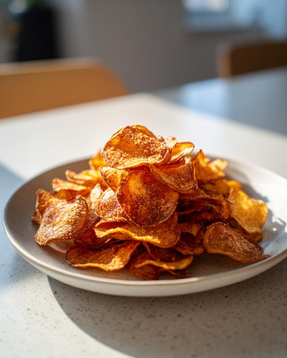 A close-up of a mound of golden brown, homemade potato chips seasoned with salt, ready to eat.