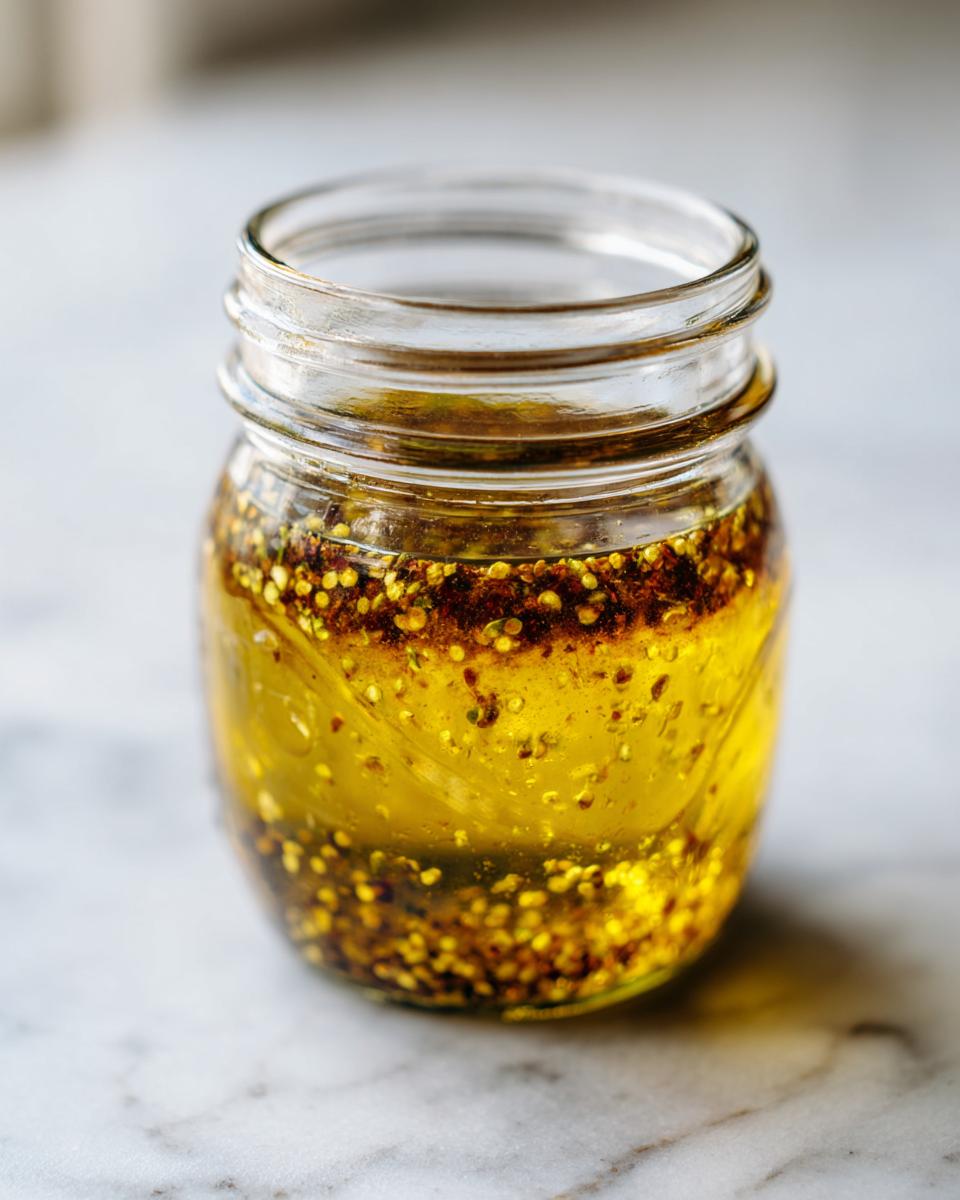 Close-up of homemade salad dressing in a small glass jar, showing separated oil and whole mustard seeds.
