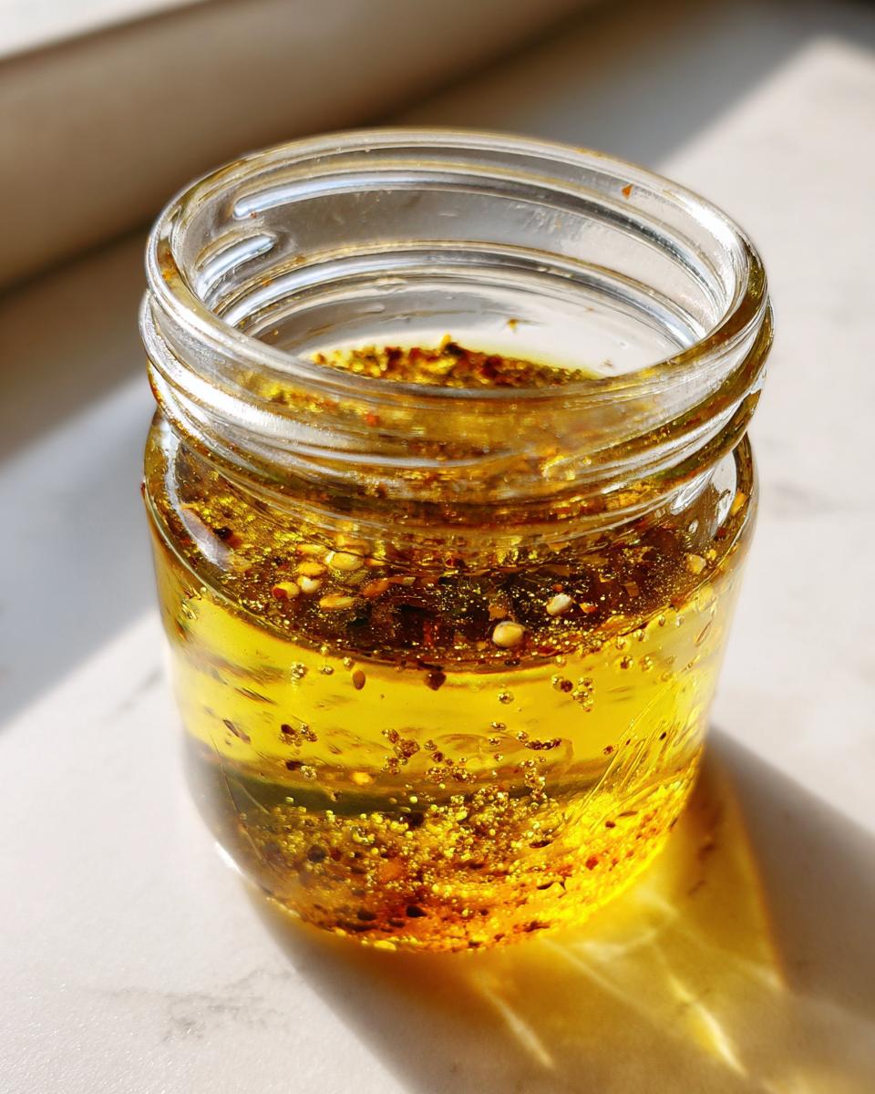 Close-up of homemade salad dressing, a bright yellow oil mixture with visible red pepper flakes and seeds, in a small glass jar.