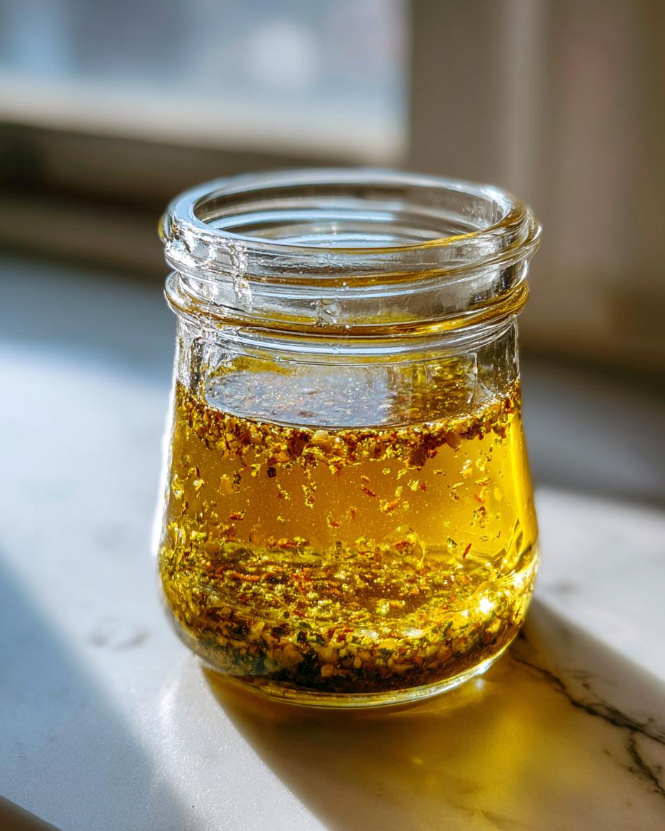 A small glass jar filled with golden homemade salad dressing, showing separated oil and spices settling at the bottom.