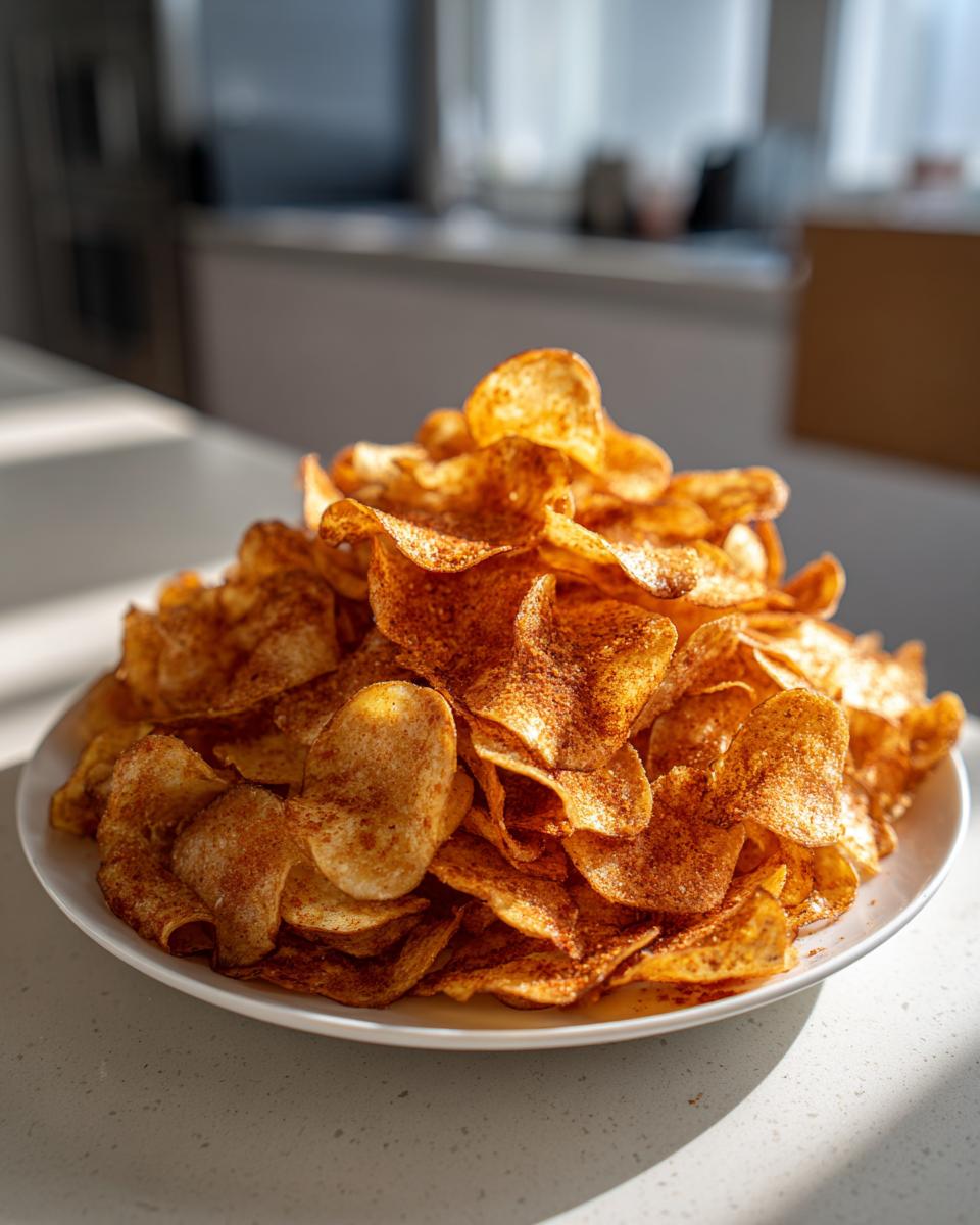 A large mound of perfectly seasoned, homemade potato chips piled high on a white plate.