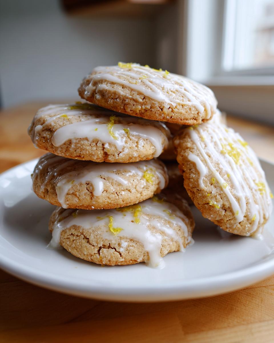 A stack of five delicious earl grey cookies drizzled with white icing and topped with bright yellow lemon zest.