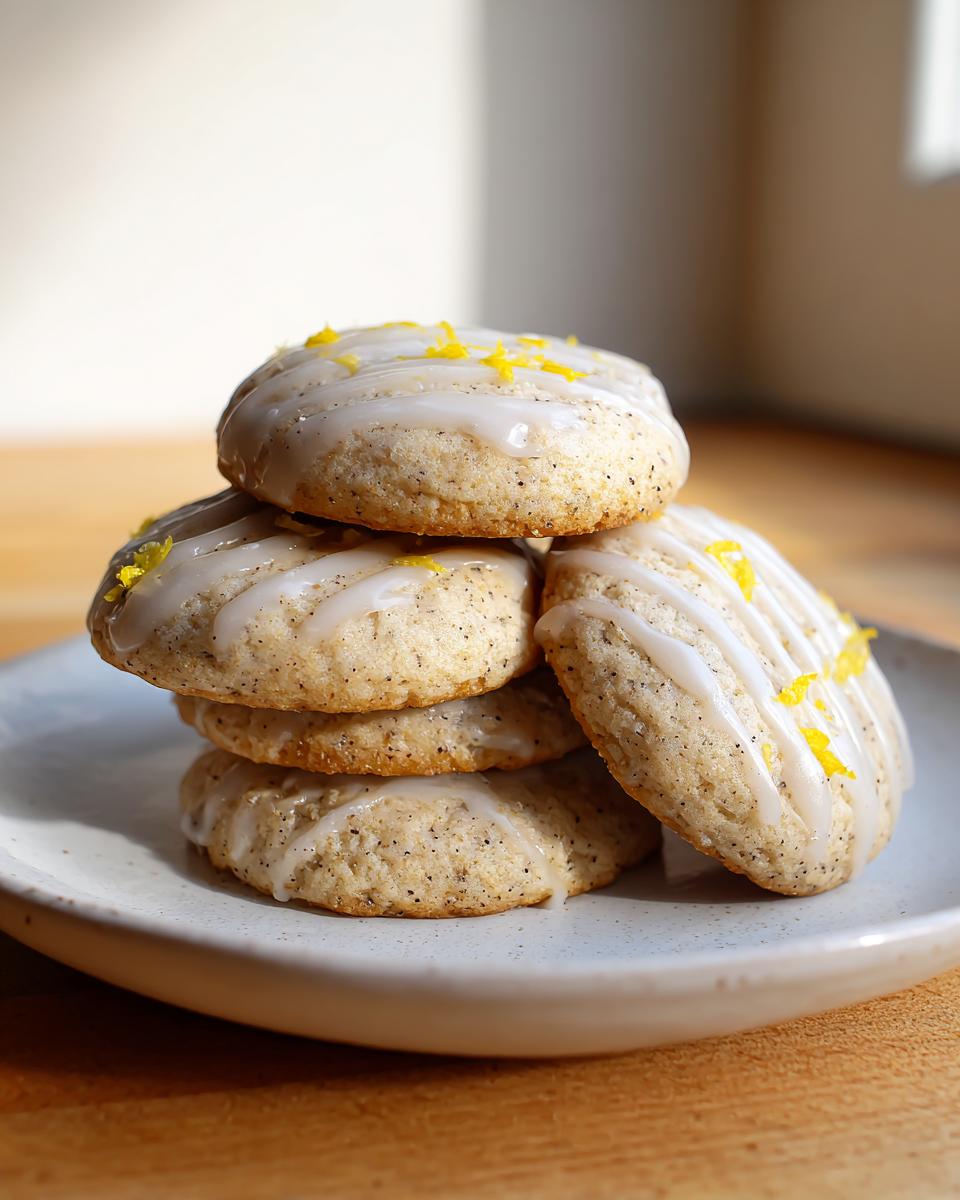 A stack of four iced Earl Grey cookies, drizzled with white glaze and topped with bright yellow lemon zest.