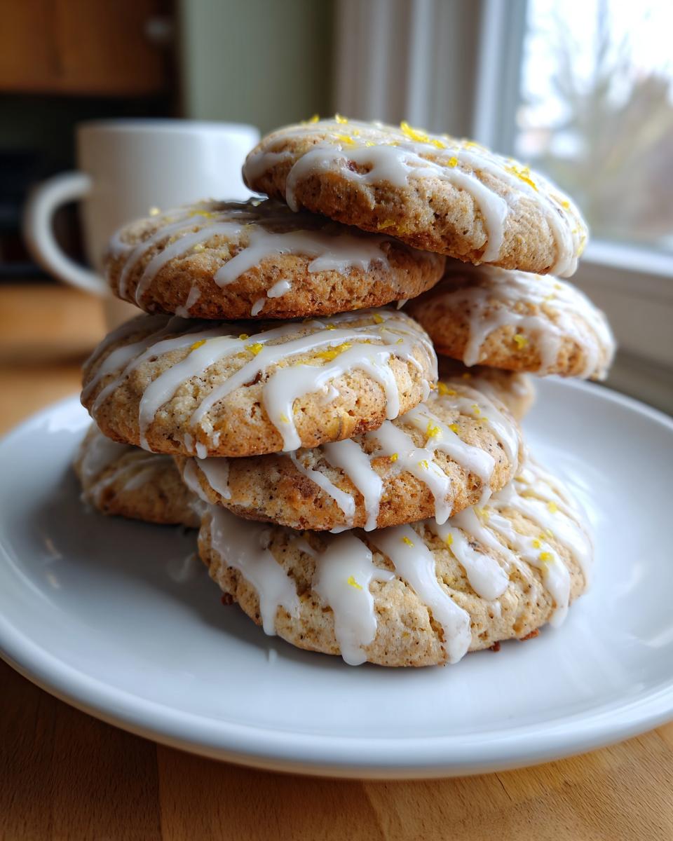 A stack of freshly baked Earl Grey cookies drizzled with white icing and topped with bright yellow lemon zest.