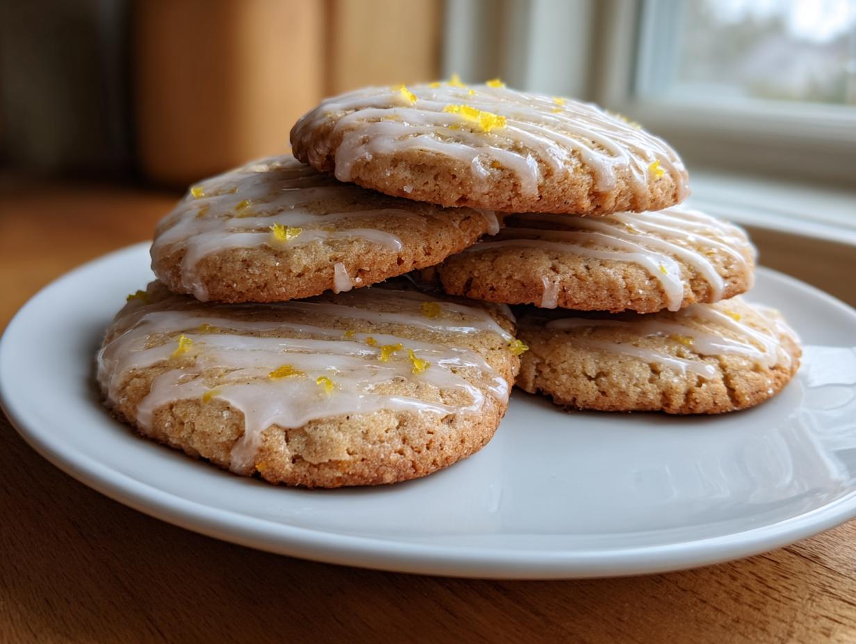 A stack of five delicious Earl Grey cookies, drizzled with white icing and topped with bright yellow lemon zest.
