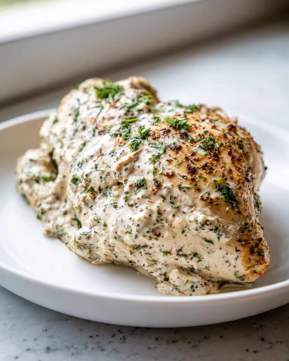 A close-up of a juicy baked ranch chicken breast smothered in creamy ranch sauce and topped with fresh parsley.