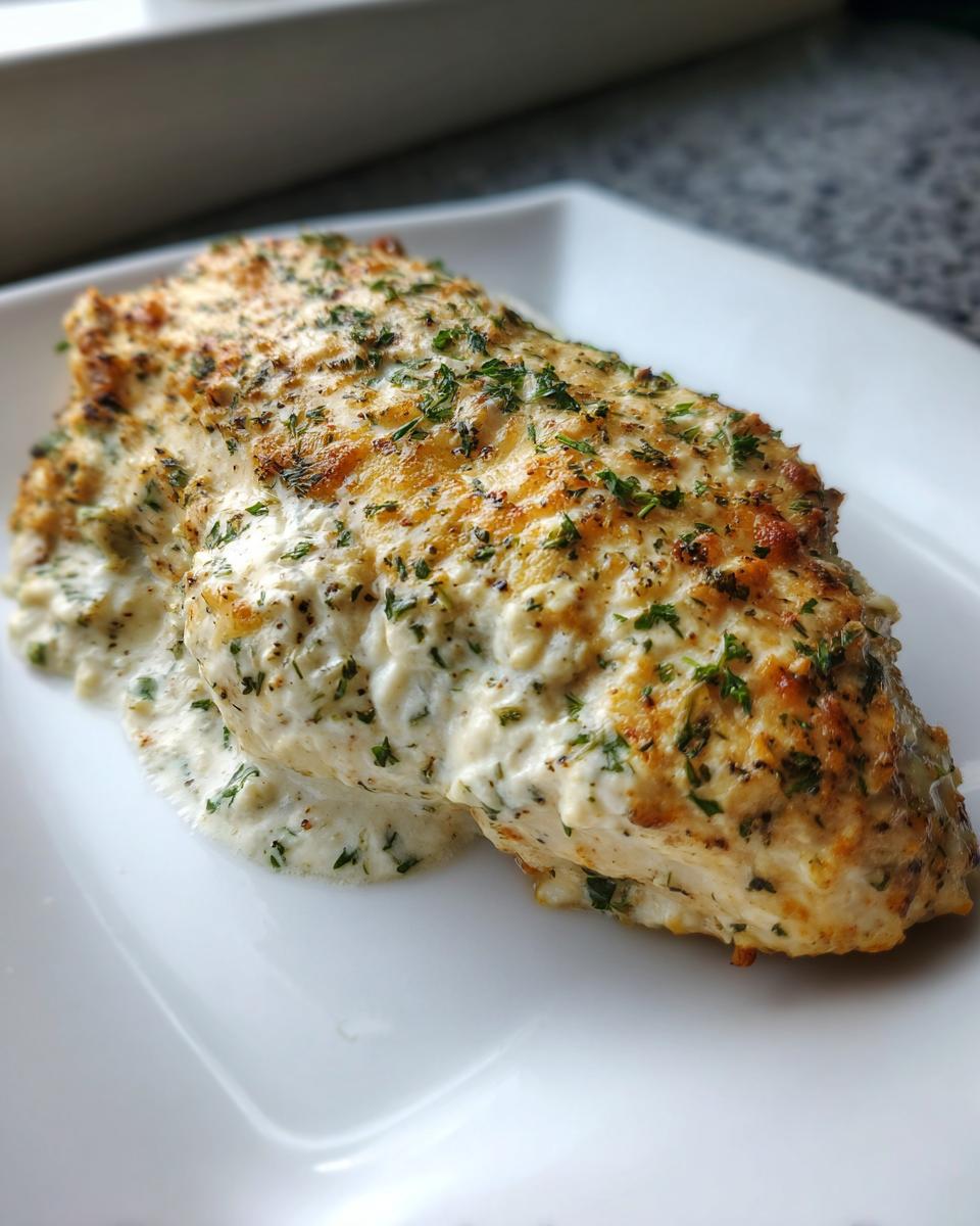 Close-up of a juicy baked ranch chicken breast covered in a creamy sauce and sprinkled with fresh parsley.