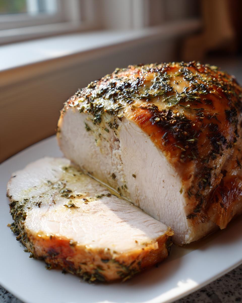 Close-up of a juicy, herb-crusted turkey breast roast, with one thick slice cut and resting beside it.