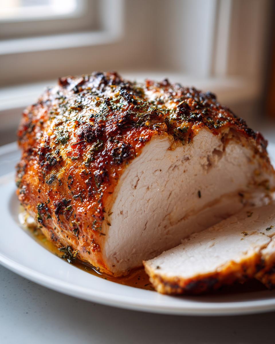 Close-up of a perfectly cooked, juicy turkey roast with a golden, herb-crusted exterior, sliced on a white plate.