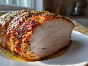 Close-up of a perfectly cooked, juicy turkey breast roast, sliced and resting in pan juices, showing a golden, herb-crusted exterior.