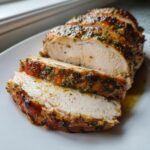Close-up of moist, sliced turkey breast with a golden, herb-crusted exterior, showing juicy white meat.