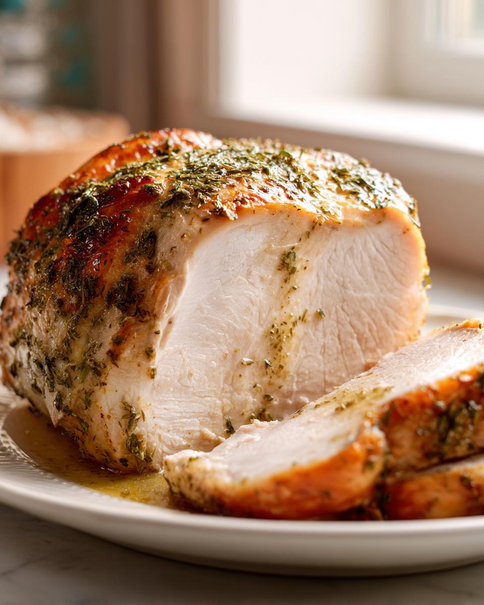 Close-up of a perfectly cooked, juicy turkey breast roast, sliced and covered in green herbs.