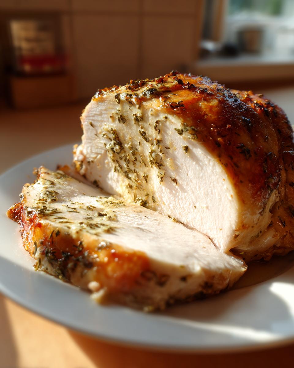 Close-up of a juicy, herb-crusted turkey breast roast, sliced to show the moist white meat.
