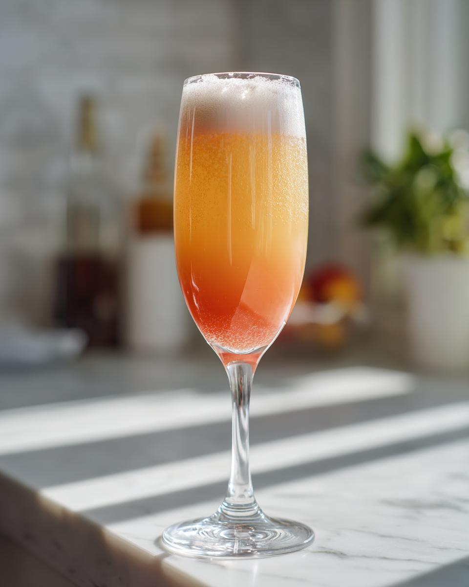 A vibrant, layered bellini recipe cocktail served in a tall champagne flute on a sunny marble counter.